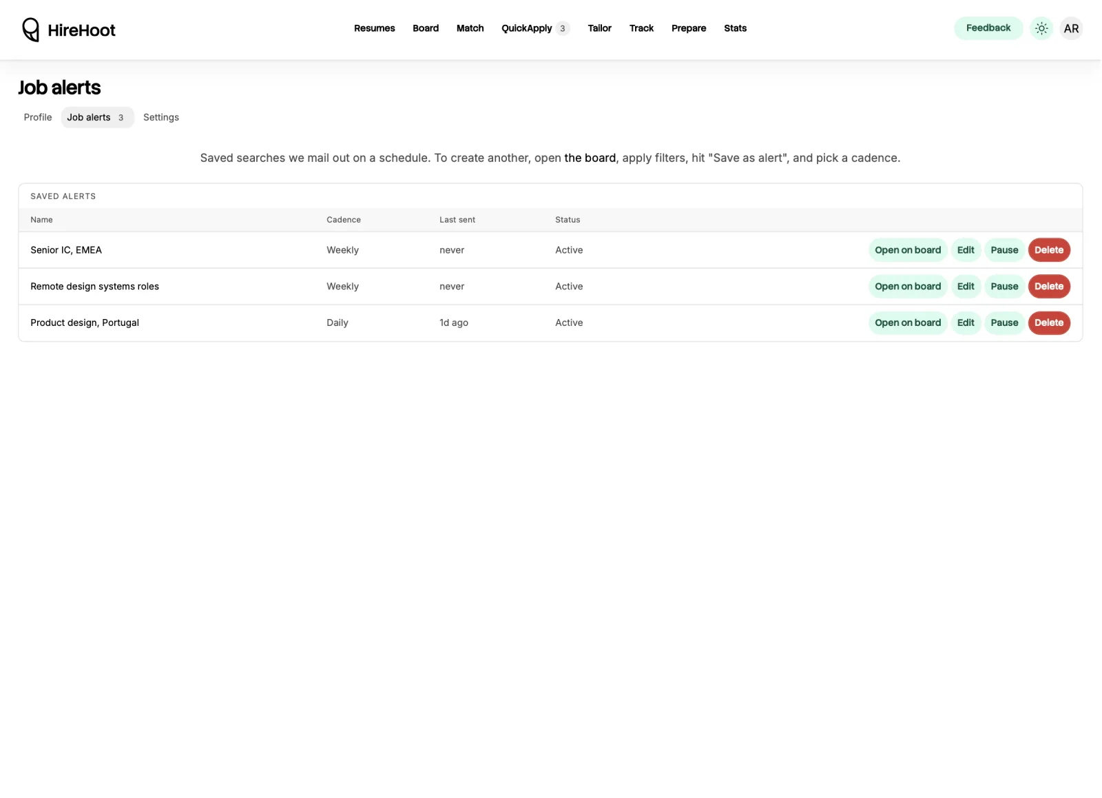 The job alerts page: a table of three saved searches with their name, cadence (daily or weekly), when each was last sent, and an active status, each row offering open on board, edit, pause and delete.