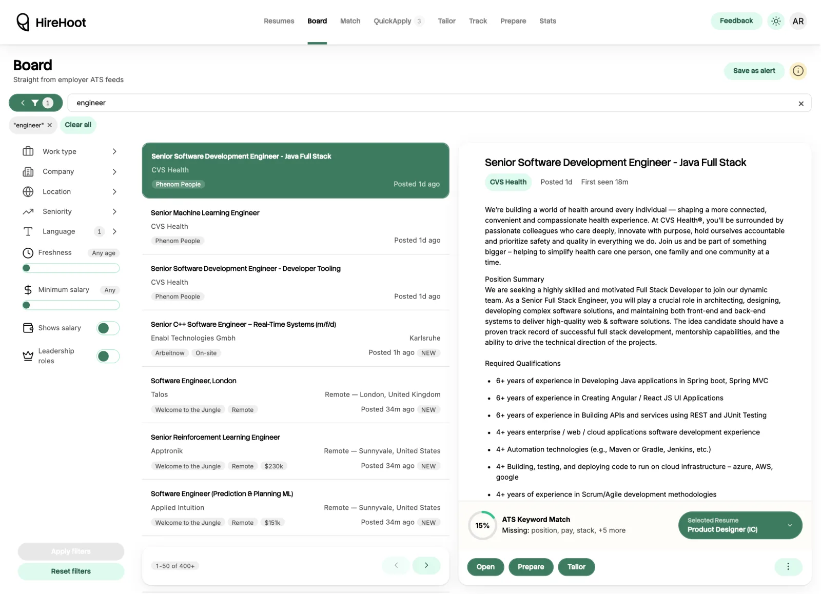 The job board with a search for 'engineer' active: a filter rail down the left for work type, company, location, seniority and language, sliders for freshness and minimum salary, and toggles for roles that show salary and for leadership roles; a scrollable list in the middle of 400 or so matching openings at CVS Health, Enabl Technologies, Talos, Apptronik and Applied Intuition, in Karlsruhe, London and Sunnyvale, each tagged with the ATS it came from, how long ago it was posted and, where the employer published one, the salary; and the selected CVS Health posting opened in full beside it, with its ATS keyword match against the chosen resume and Open, Prepare and Tailor buttons along the bottom.