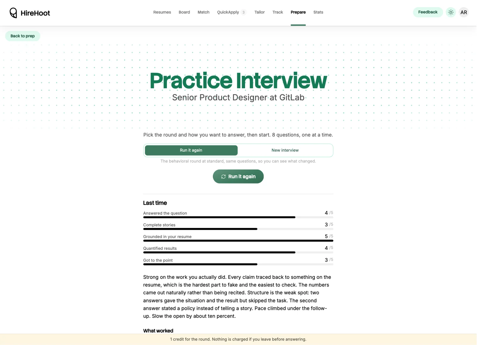 The practice interview setup for a Senior Product Designer role at GitLab: a choice between rerunning the same round or a new interview, and a start button. Below it, last time's scorecard rating answered the question 4 out of 5, complete stories 3, grounded in your resume 5, quantified results 4 and got to the point 3, with a written summary underneath.