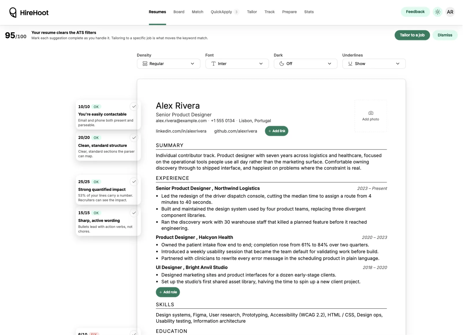 The resume editor: a resume for a senior product designer in the middle, with scoring bubbles down the left side marking contact details as 10 out of 10, section structure 20 out of 20, quantified impact 25 out of 25 and active wording 15 out of 15, each marked OK, and a further item scored 6 out of 10 and flagged to fix.